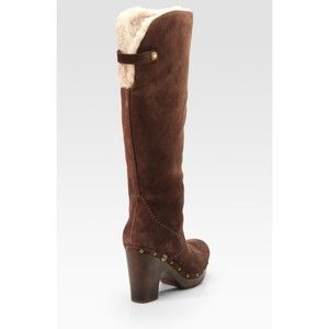 Women's Uggs Lillian Suede Sheepskin Wool High Wooden Clog Boots Brown Size 5
